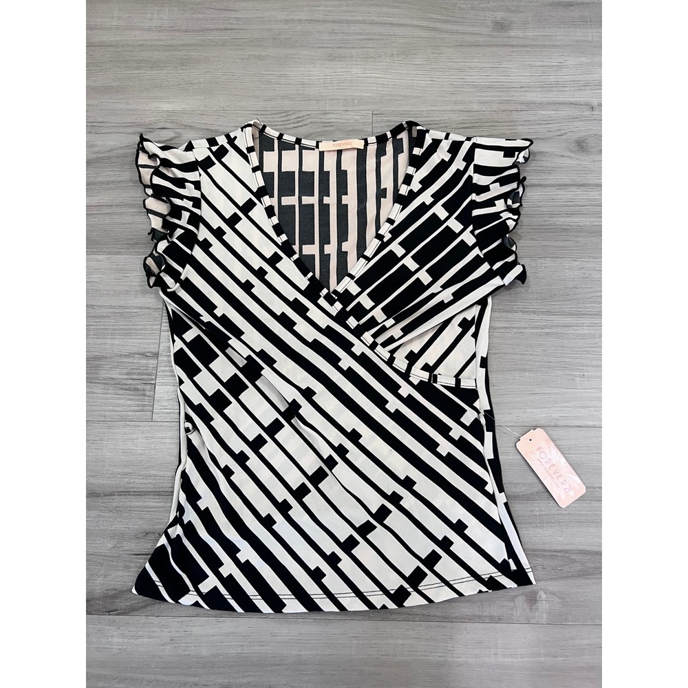 Vintage Forever 21 Y2K Geometric Wrap Top Ruffle Sleeve Black Cream Small NWT - Picture 12 of 14